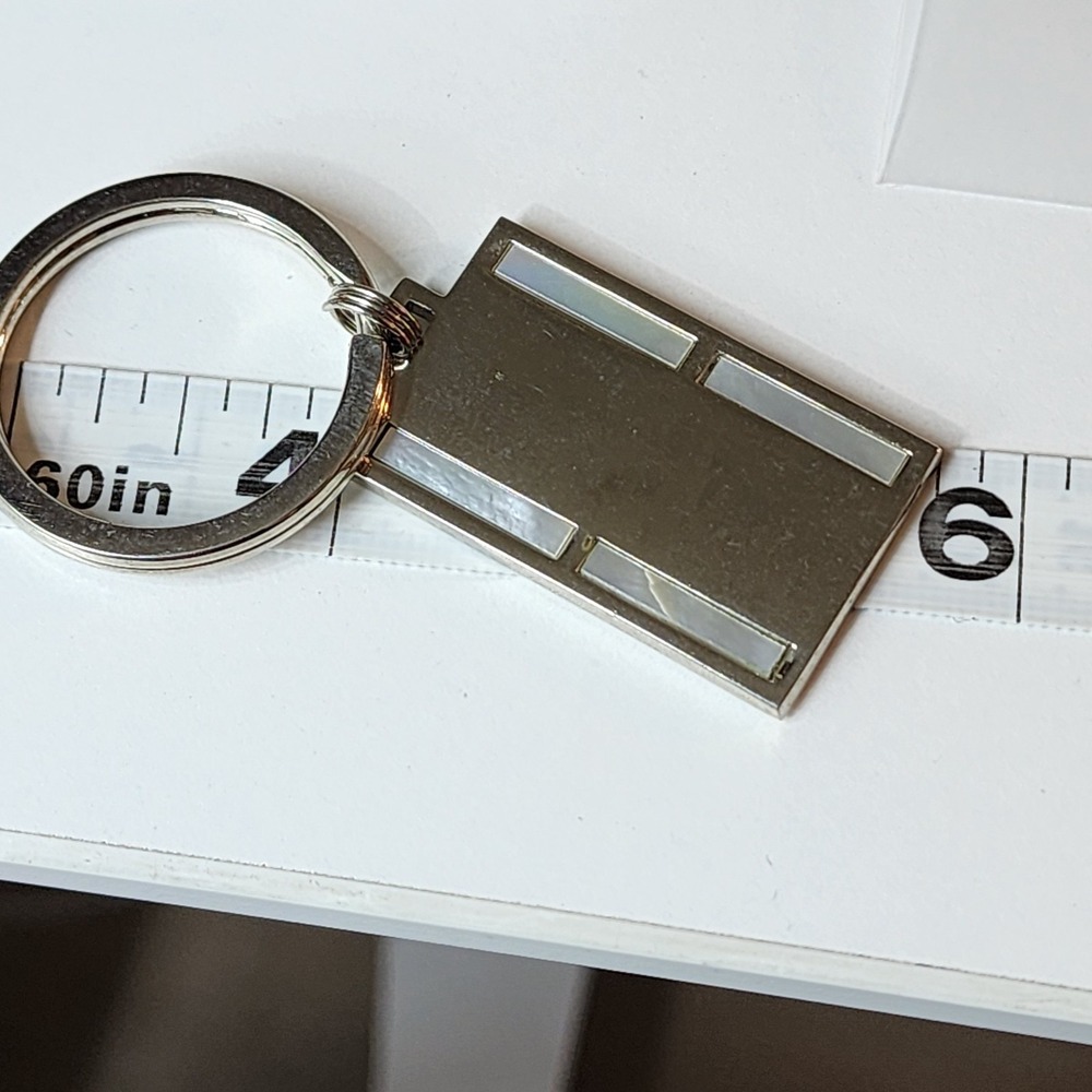 Iridescent Shell Inlay Silver Tone Rectangular Keychain Geometric Modernist Tag - Picture 6 of 7